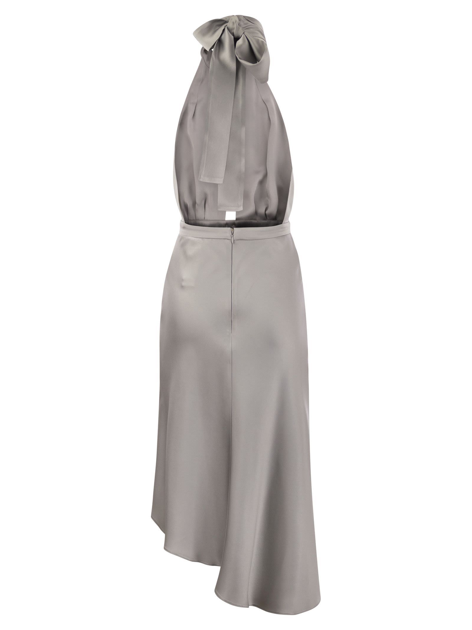 Elisabetta Franchi Satin Midi Dress With Asymmetric Skirt In Gray