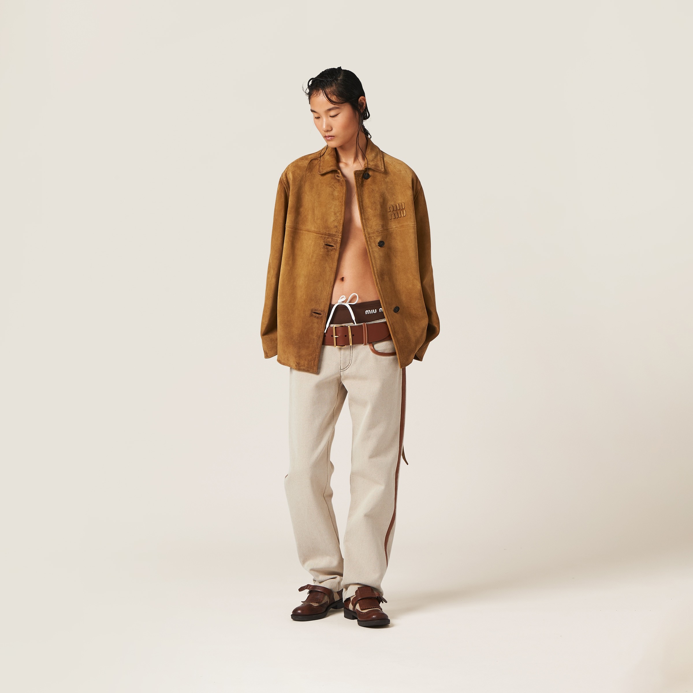 Miu Miu Leather-trim Canvas Trousers In Nude