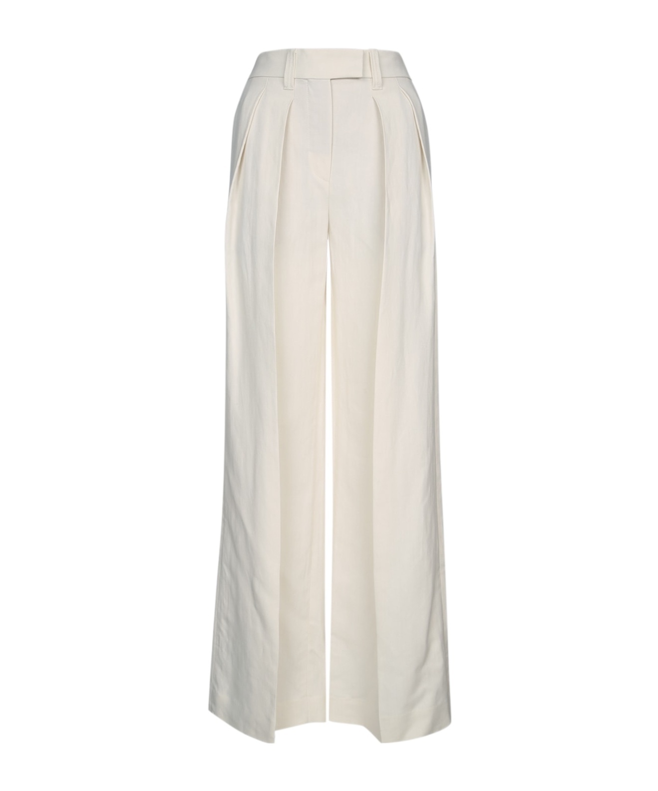 Brunello Cucinelli Fluid Linen Twill Double Pleat Wide Leg Trouser In White