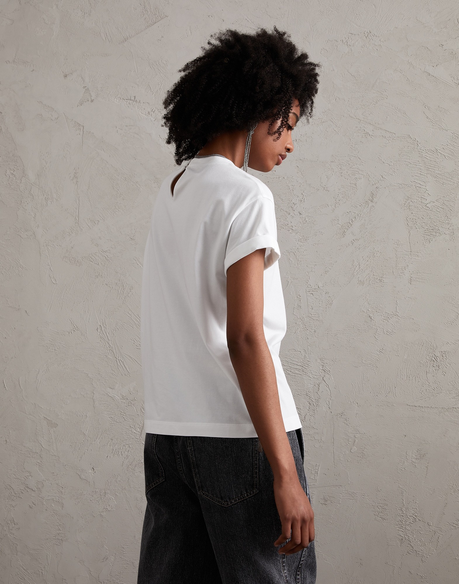 Brunello Cucinelli Stretch Cotton Jersey T-shirt With Precious Faux Layering In White