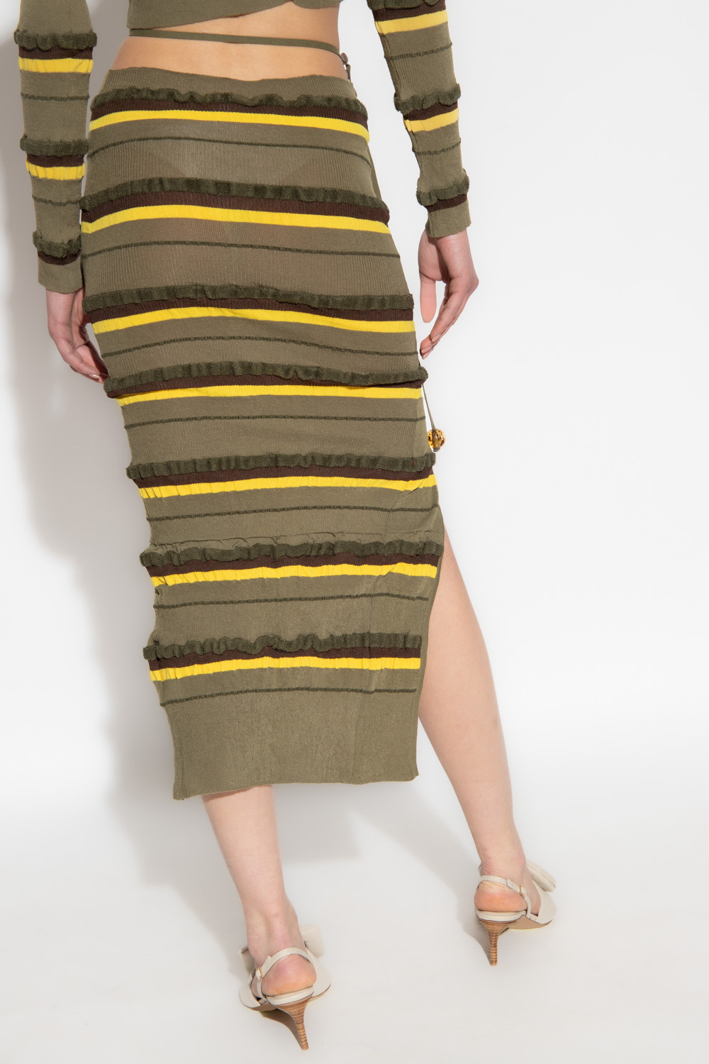 Jacquemus Concha Cutout Striped Seersucker Midi Skirt In Brown
