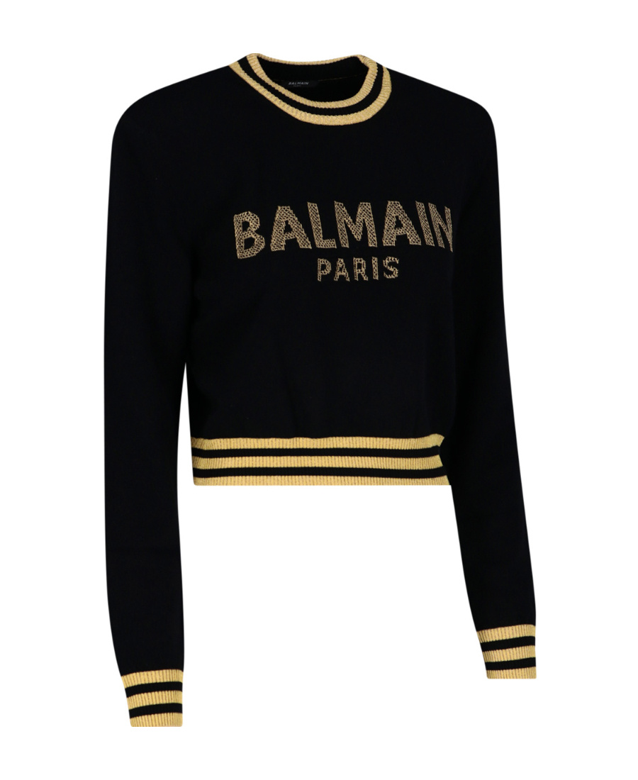 Balmain Logo Wool Blend Knit Cropped Sweater In Black