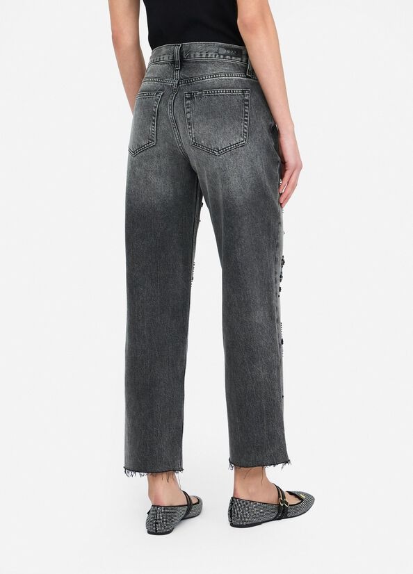 Liu •jo Straight-leg Denim Trousers With Rhinestones In Gray