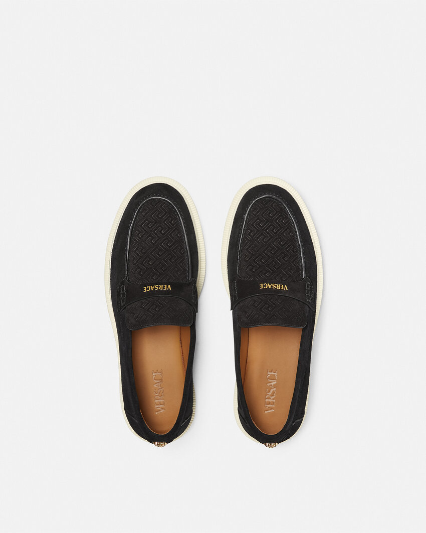 Versace Suede Greco Monogram Loafers In Black