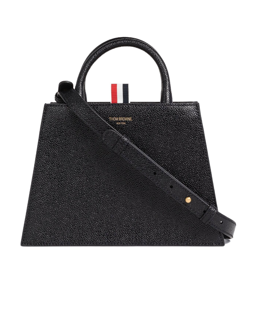 Thom Browne Logo Print Grained Leather Tote Bag In Black