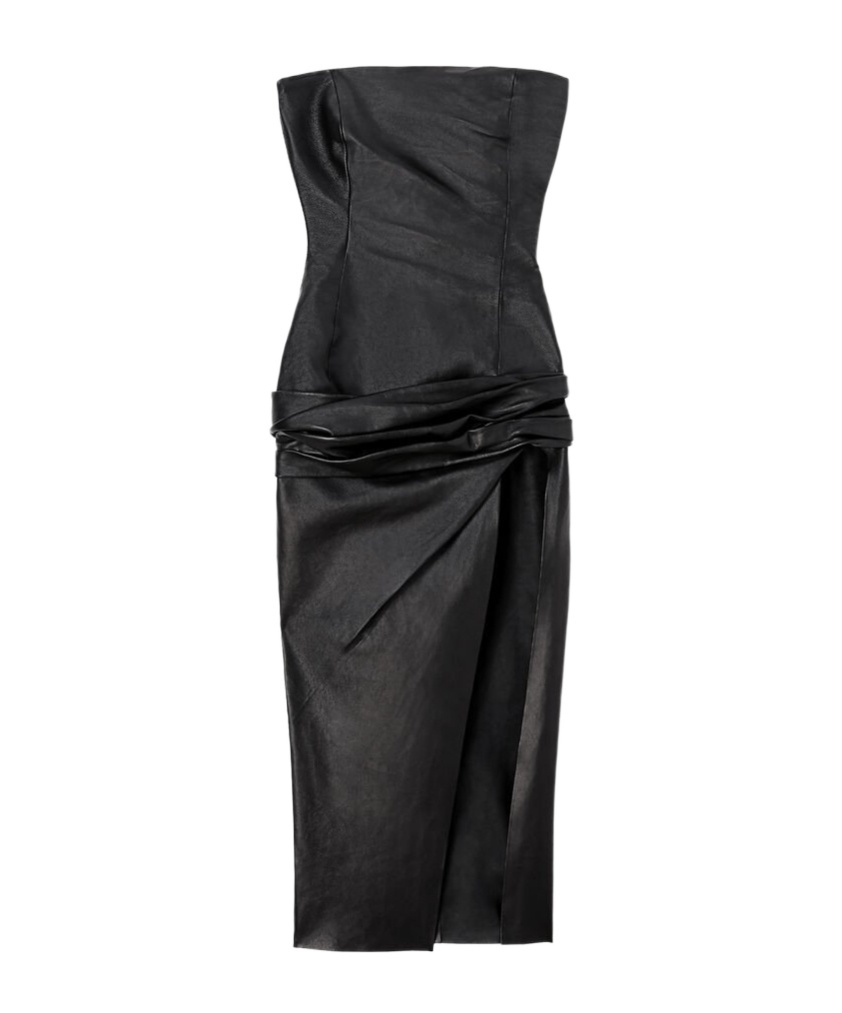 Attico Black Sleeveless Off-shoulder Midi Dress With Front Single Slit And Ruched Waist In Black