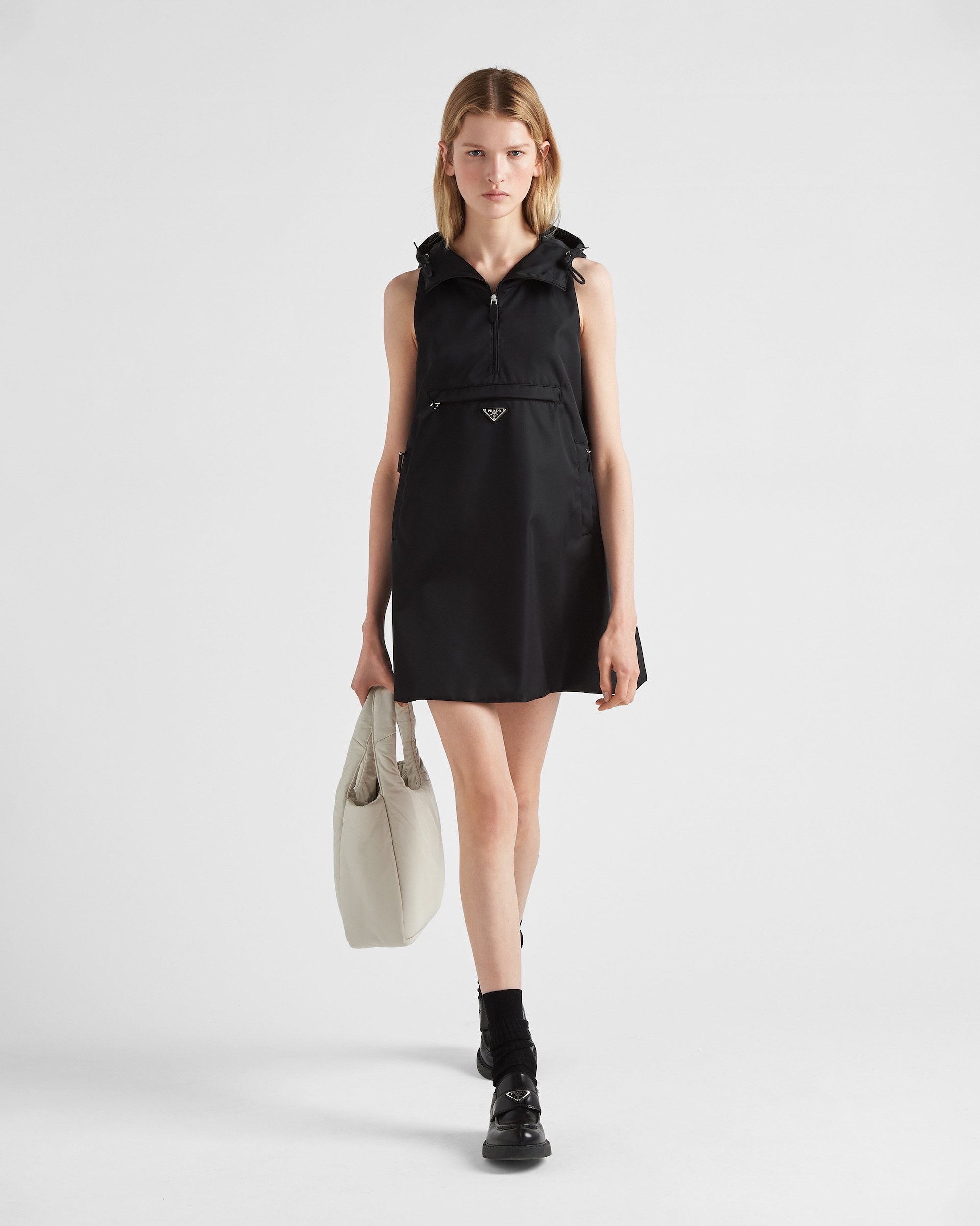 Prada Triangle Logo Hooded Minidress In Black