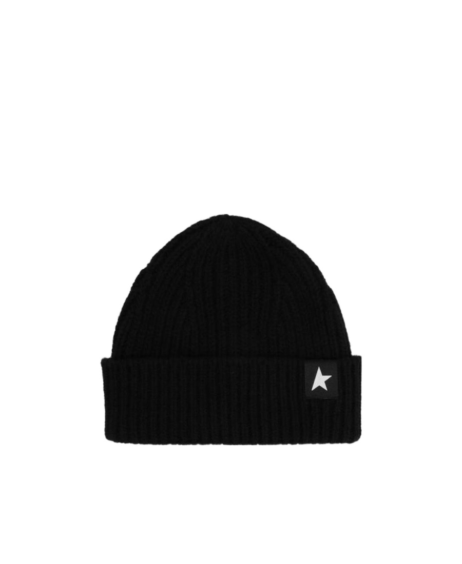 Golden Goose Mans Ribbed Black Wool Hat With Logo In Black