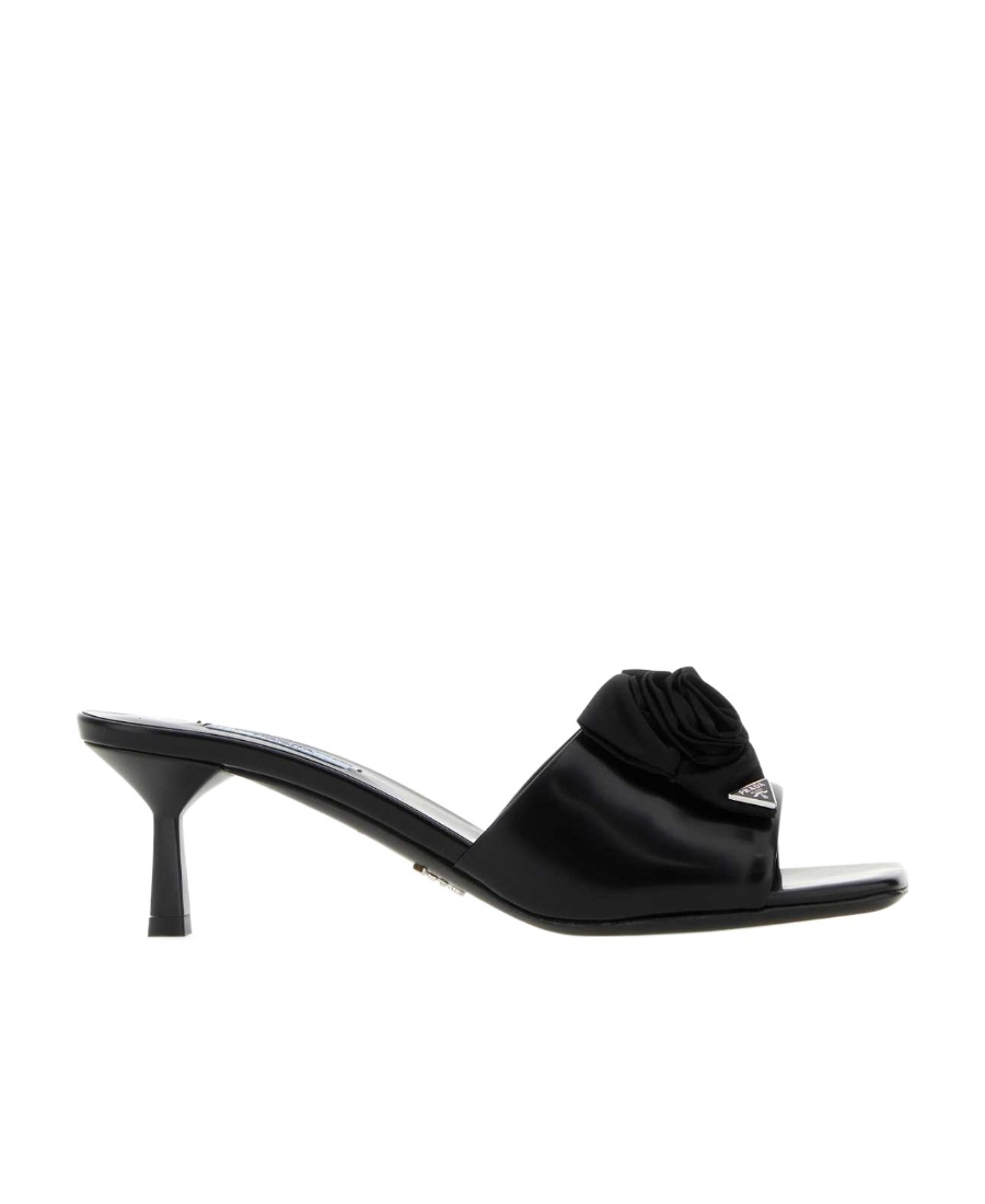 Prada Logo High-heeled Slippers In Black