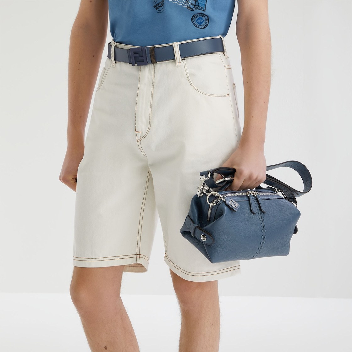 Fendi Blue Leather Selleria Bag With 266 Hand-sewn Topstitches