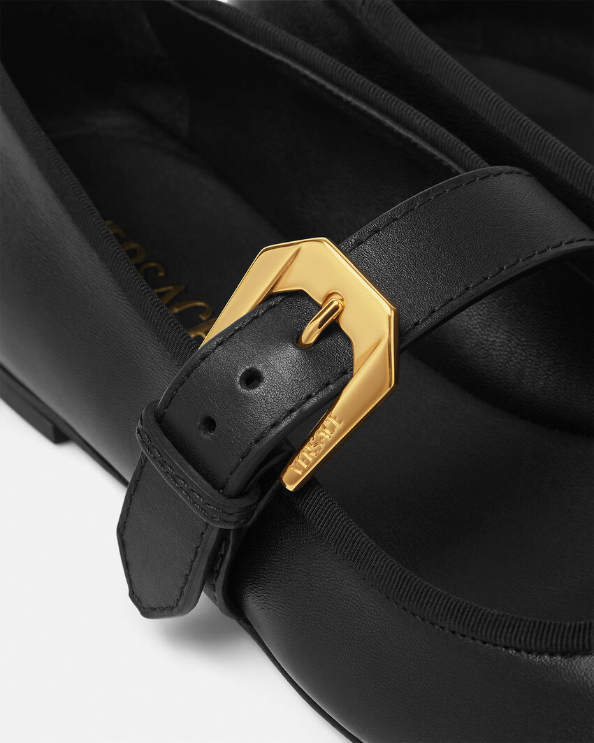 Versace Nappa Leather Flat Ballerinas With Buckle Detail In Black