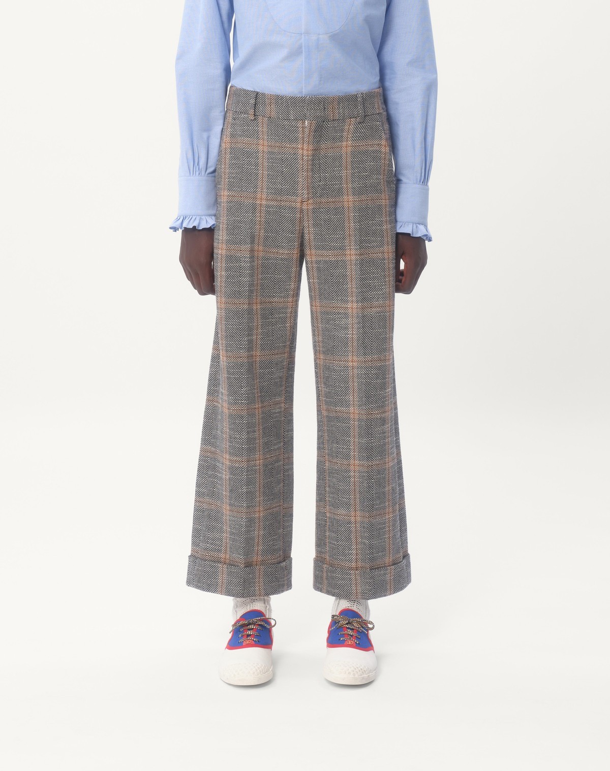 Valentino Wool Blend Trousers With Turn-up With Check Pattern In Gray