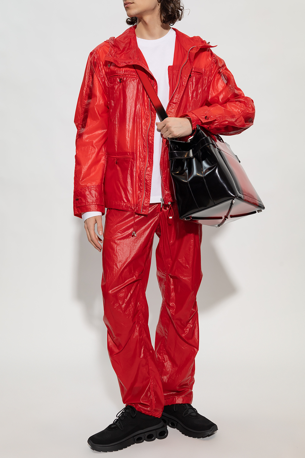 Ferragamo Hooded Windbreaker Jacket With Adjustable Drawstrings In Red