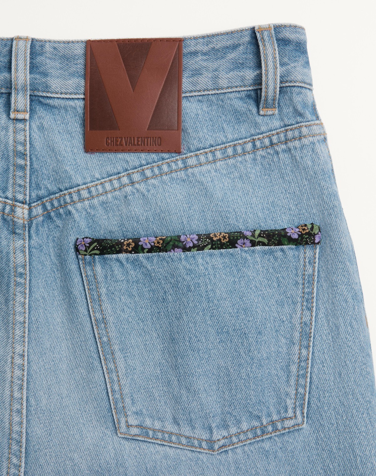 Valentino Denim Trousers With Floral Print Hem In Blue