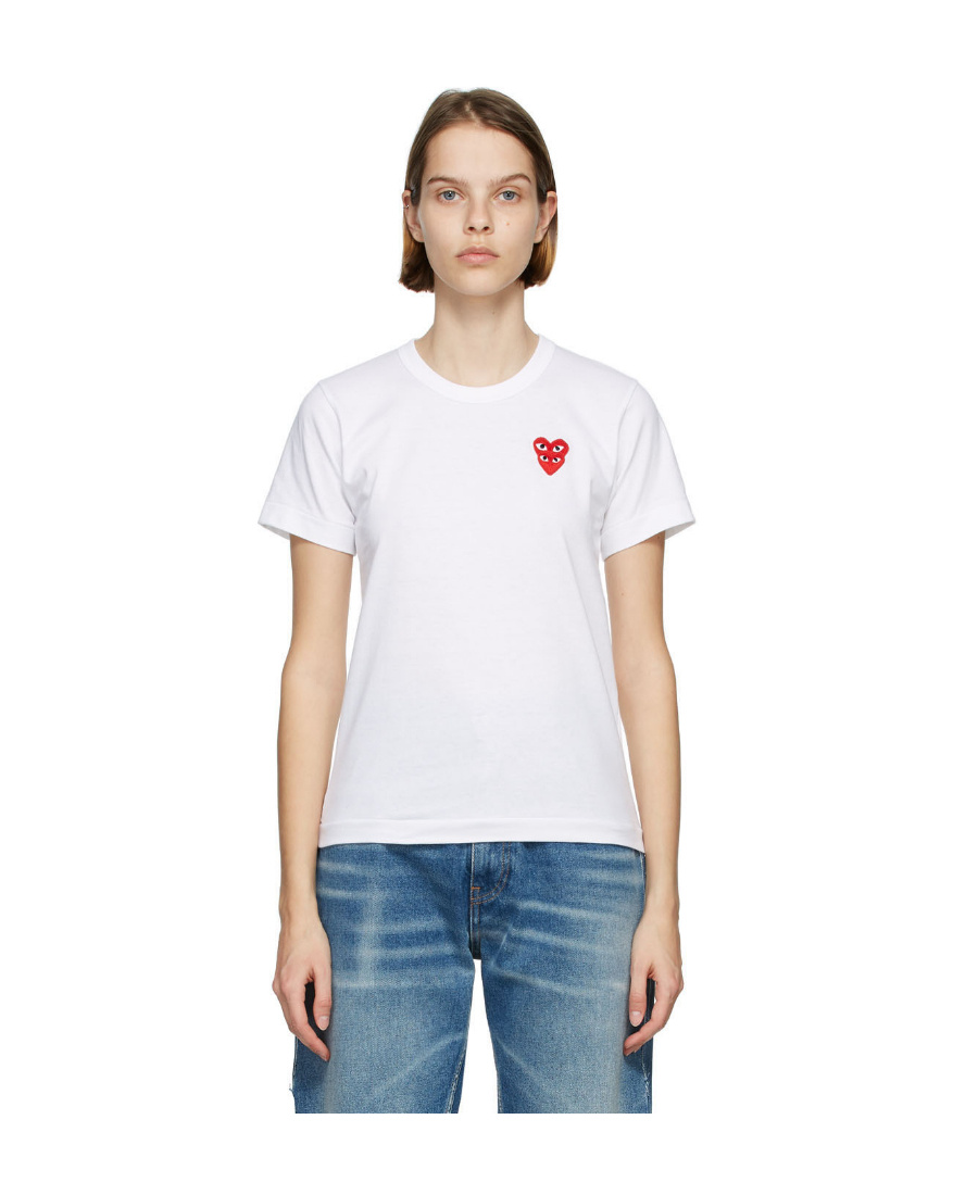 Comme Des Garçons Play Logo Embroidered T-shirt With Round Neck In White