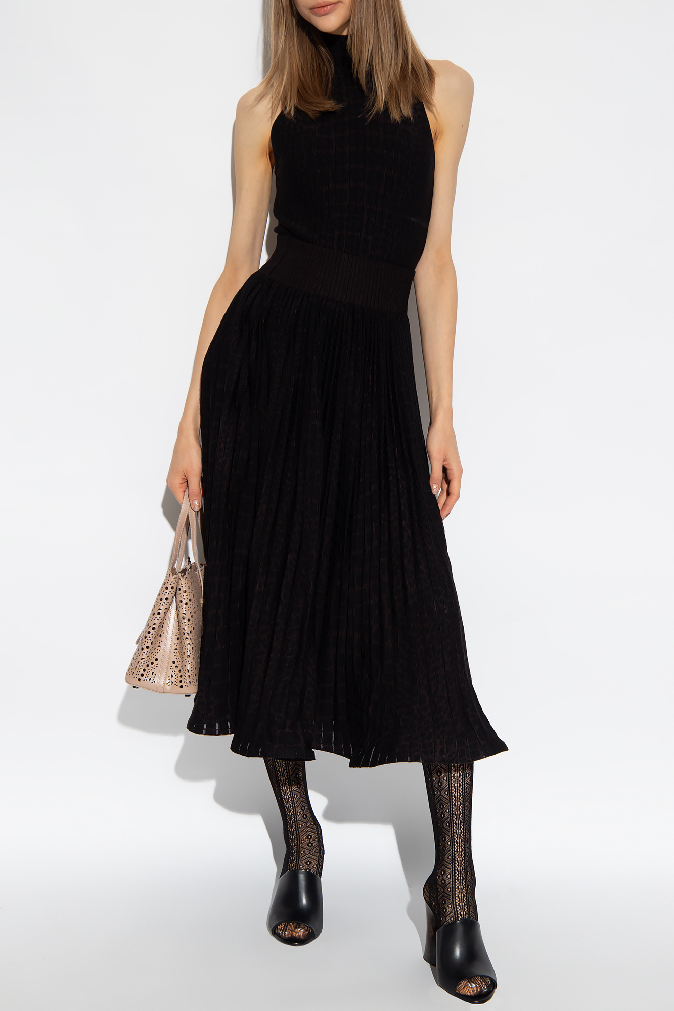ALAÏA PLEATED KNITTED MIDI SKIRT
