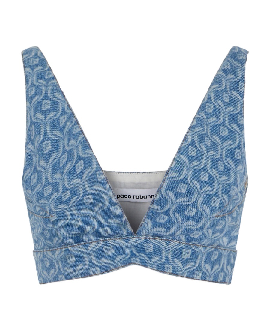 Rabanne Chain-print Cropped Denim Top In Blue