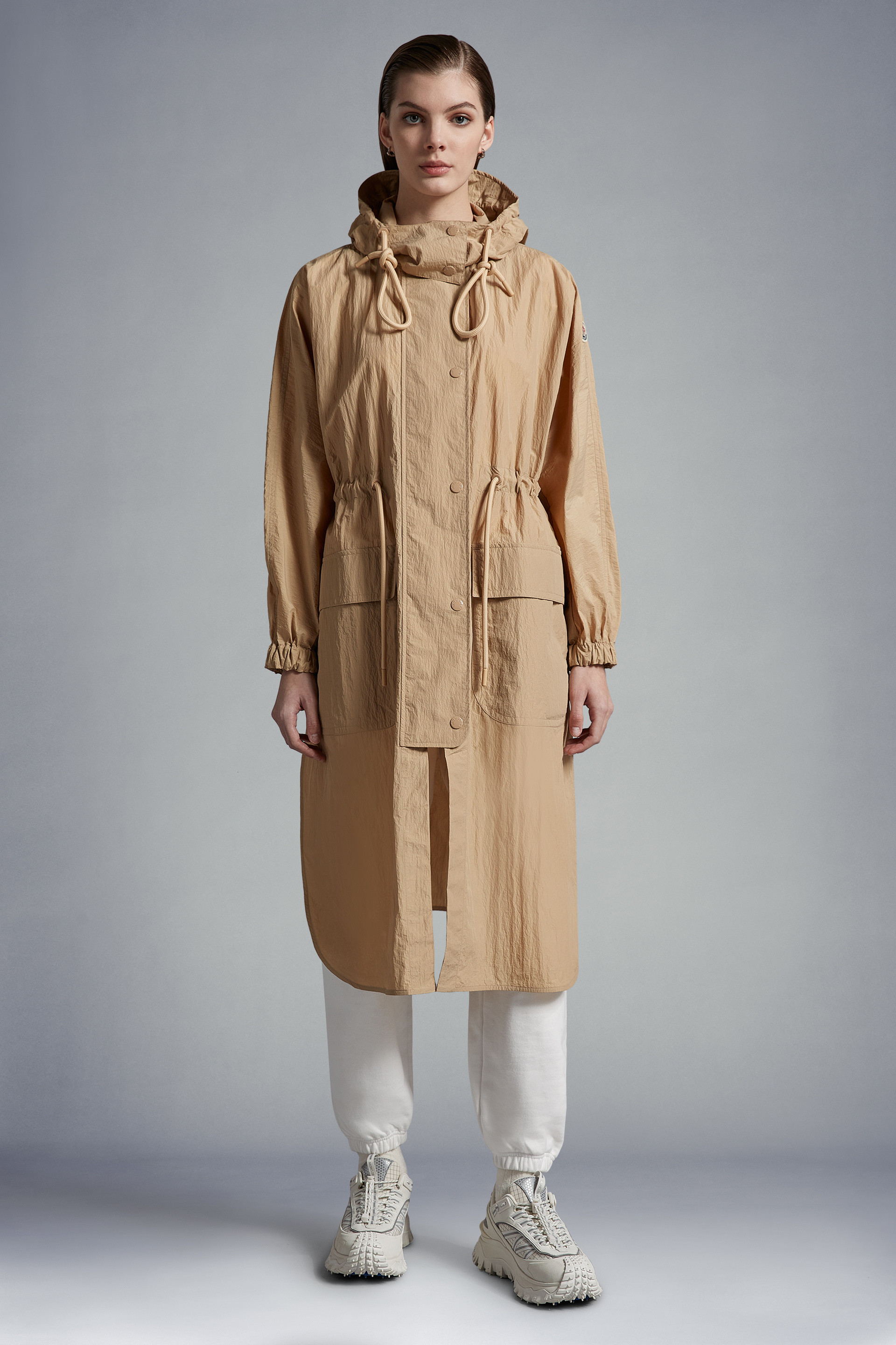 Moncler Drawstring-waist Hooded Coat In Nude