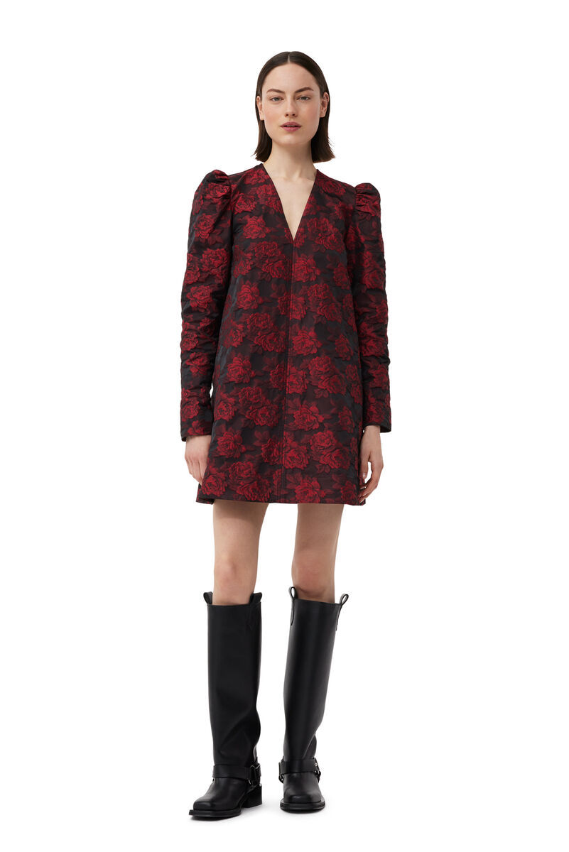 Ganni Botanical-print Jacquard Long-sleeve Minidress In Brown