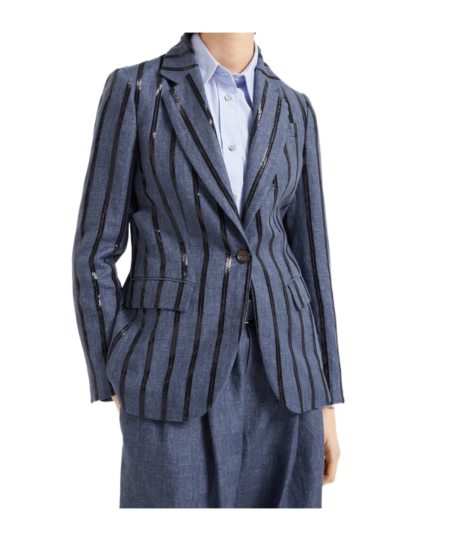 Brunello Cucinelli Paillette Striped Denim-effect Linen Single-breasted Blazer In Denim Blue