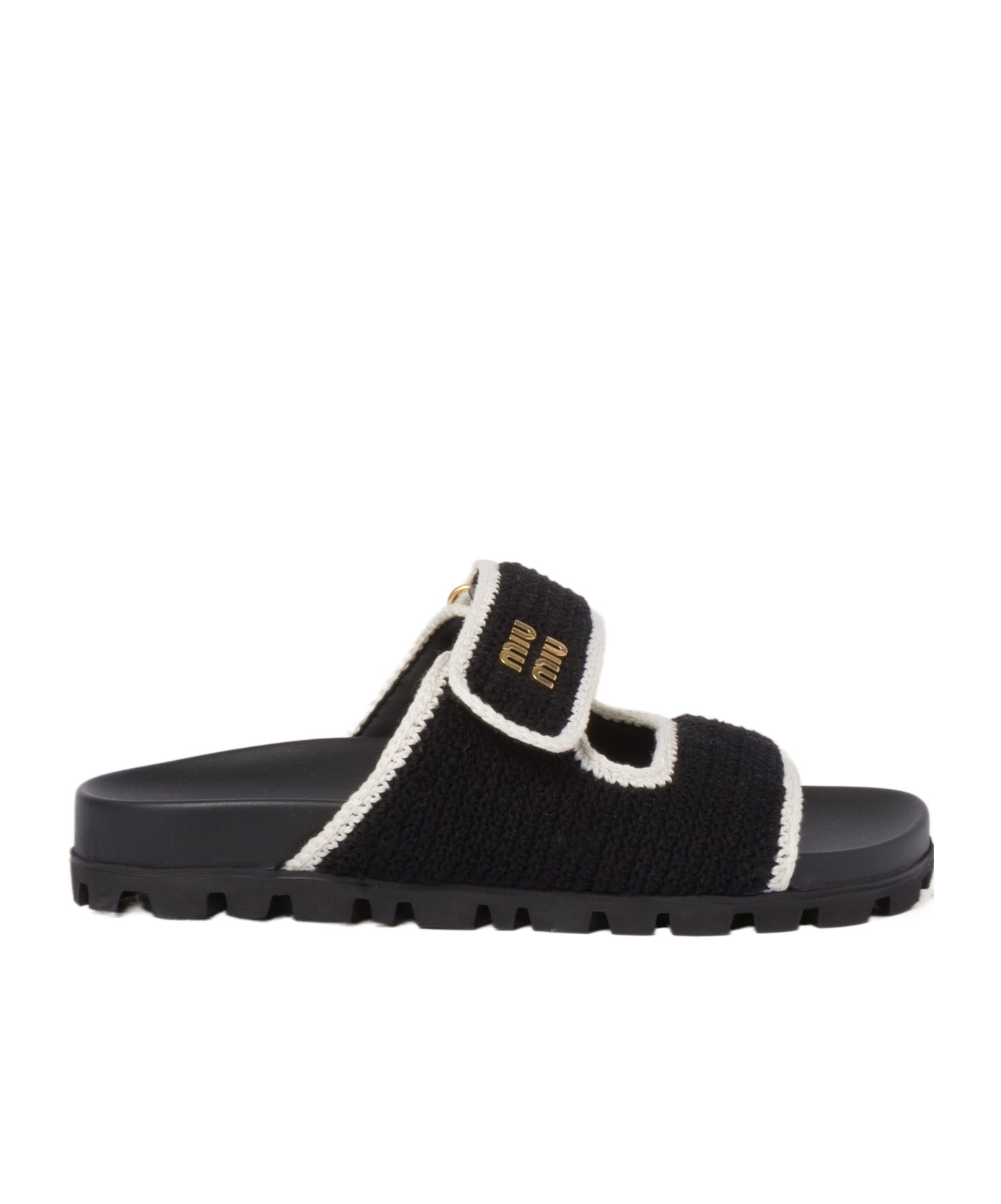 Miu Miu Bicolor Crochet Grip Slide Sandals In Black