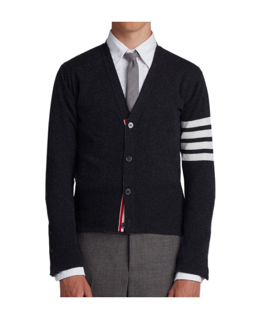 Thom Browne Milano Stitch V Neck Cardigan With 4 Bar In Fine Merino Wool Clothing In Black