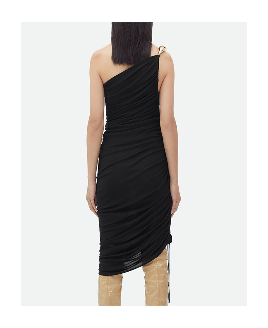 Bottega Veneta One-shoulder Asymmetric Embellished Satin-jersey Midi Dress In Black