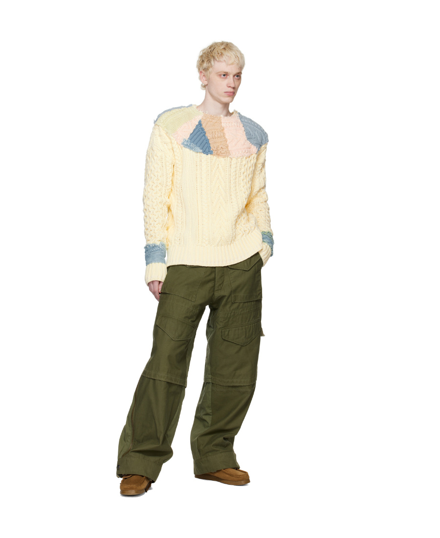 Greg Lauren Patchwork Cable-knit Jumper In Nude