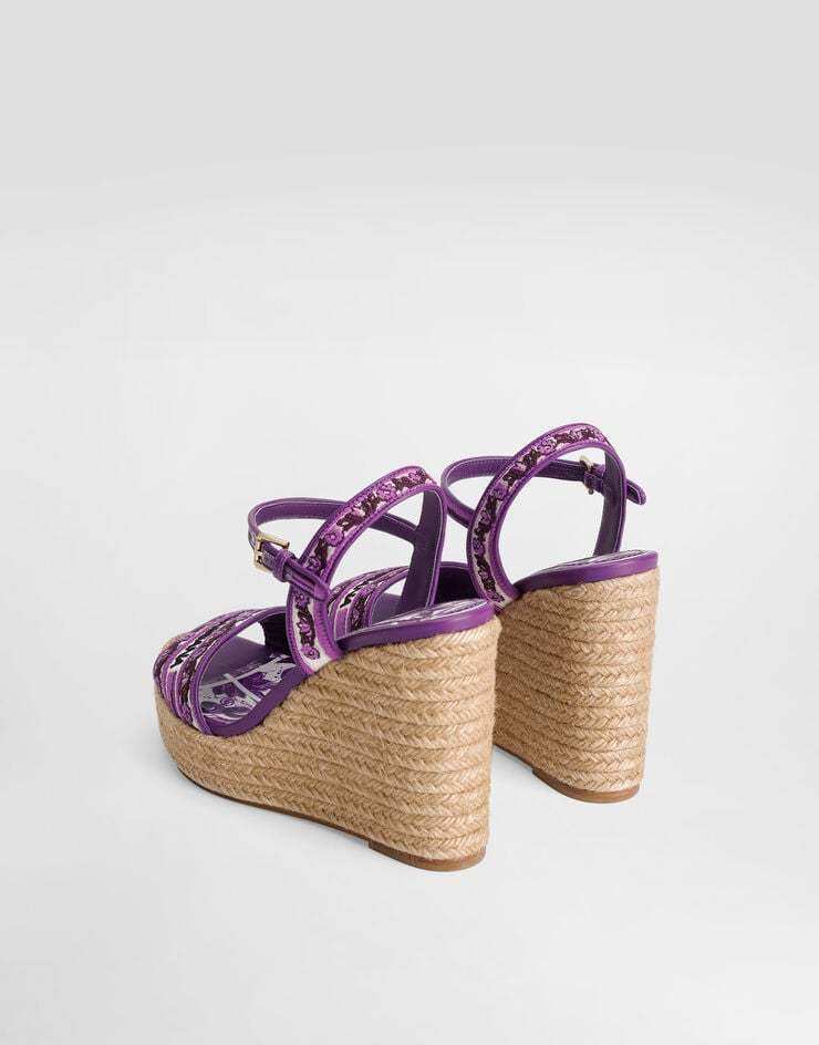 Dolce & Gabbana Violet Wedges With Logo Embroidery On The Front And All-over Majolica Motif In Cotton Blend Woman In Purple
