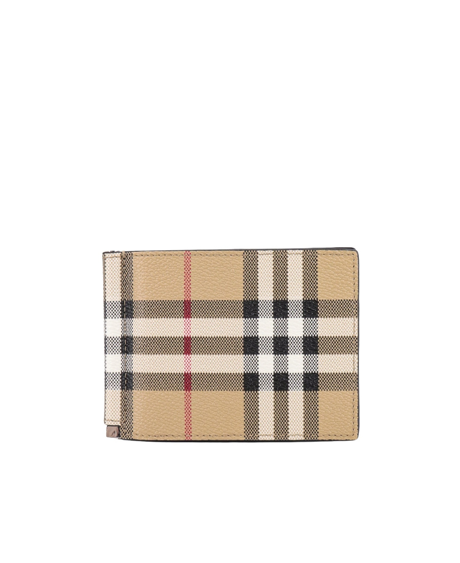 Burberry Beige Bifold Wallet With Check Motif In Techno Fabric In Nude
