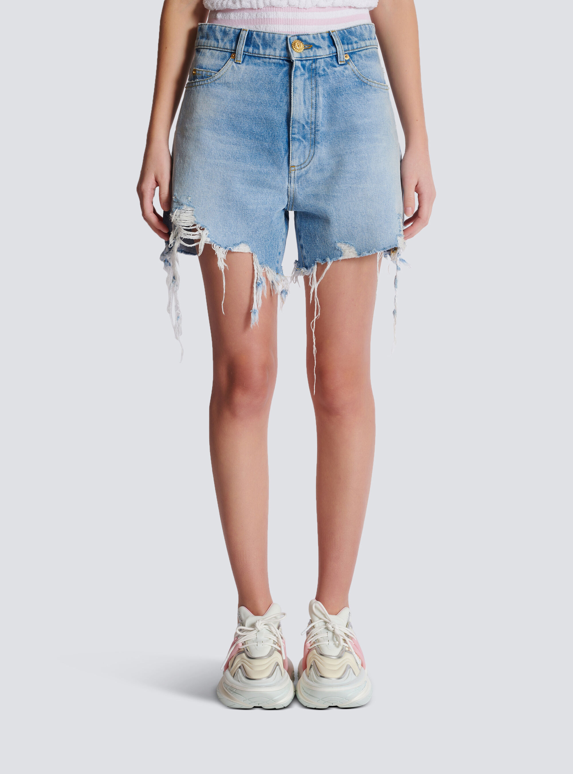 Shop Balmain Light Blue Denim Shorts