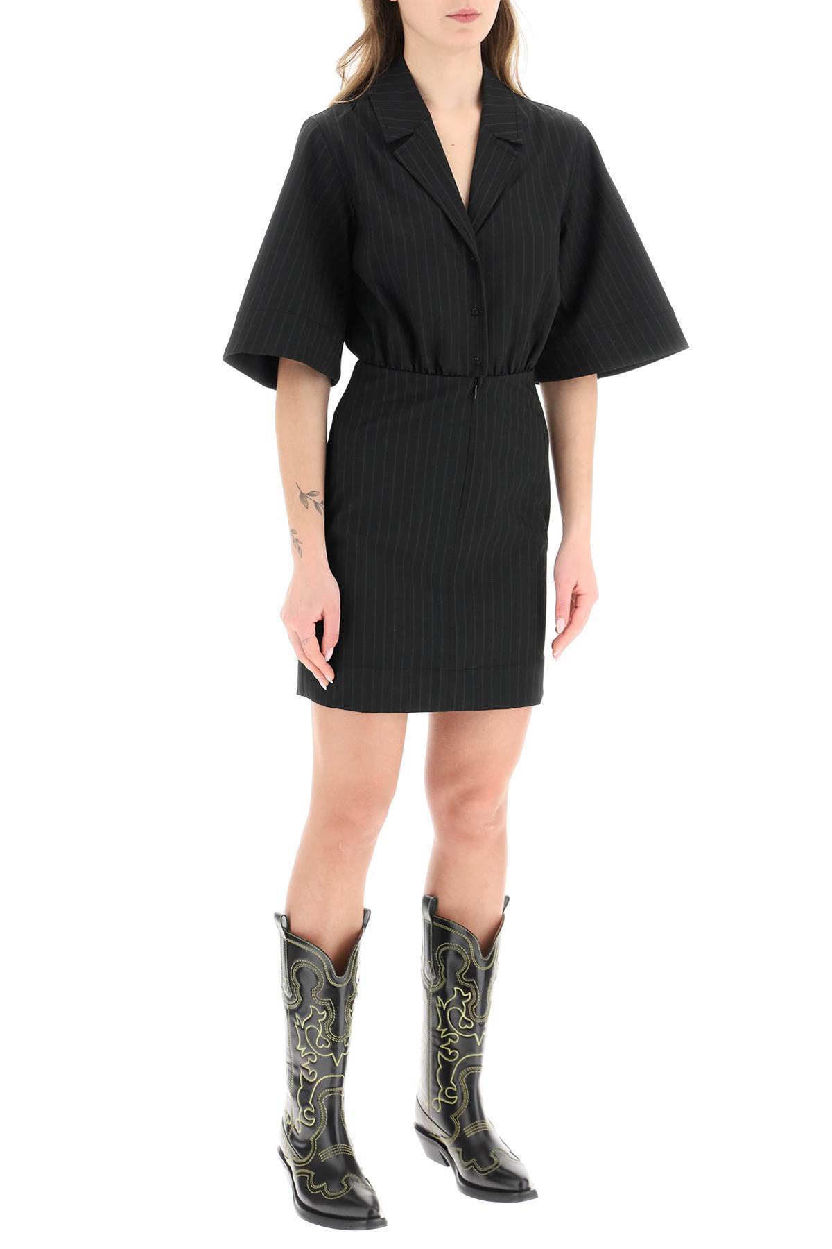 Ganni Pinstripe Shirt Mini Dress In Black