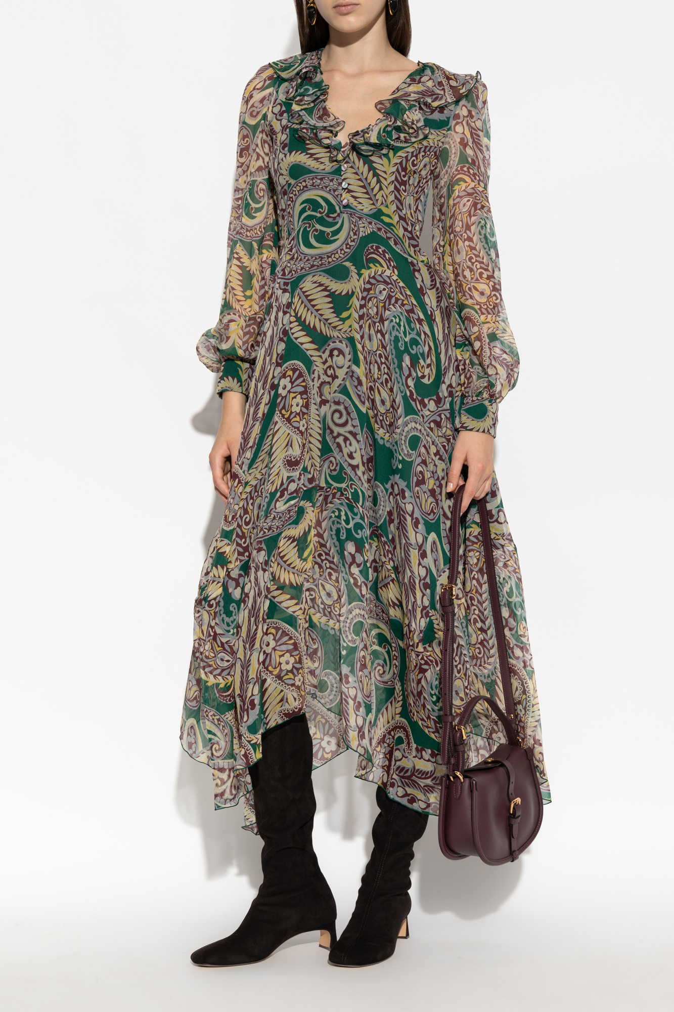 Etro Long Silk Crepon Dress With Paisley Motif In Multi