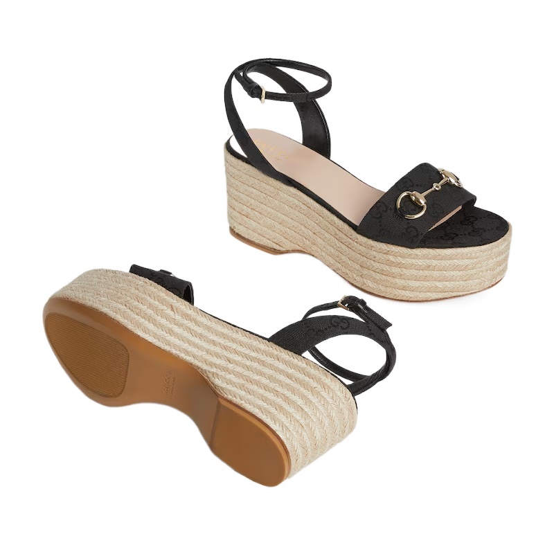 Gucci Lady Horsebit Suede Espadrille Wedges In Black