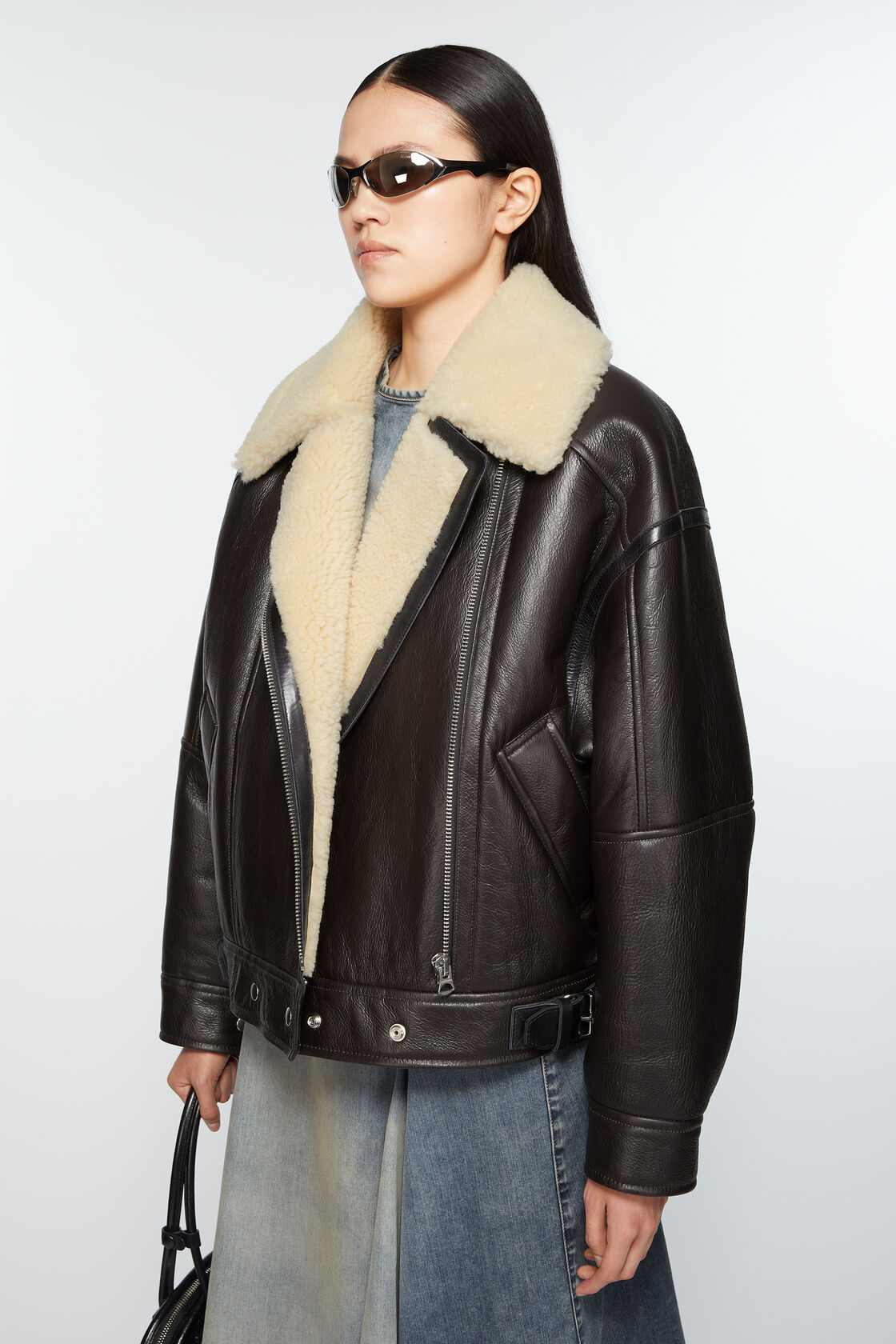 Acne Studios Calf Leather And Shearling Flight Jacket In Black