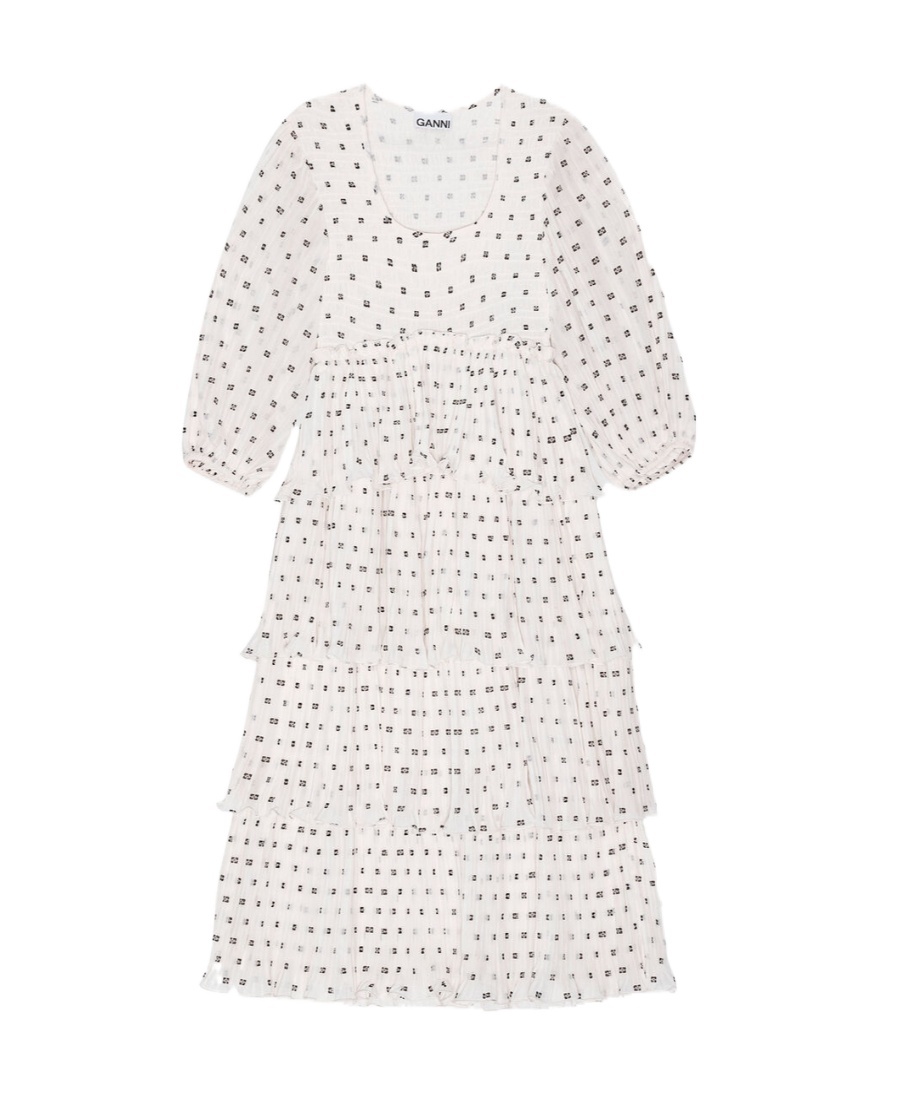 Ganni Monogram-print Pleated Midi Dress In White