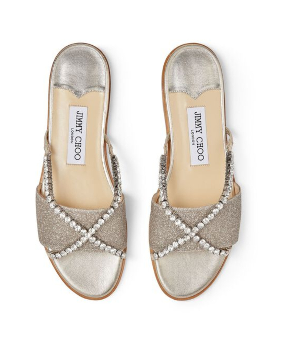 Jimmy Choo Logo Sequins Crystal Chain Flip-flops In White
