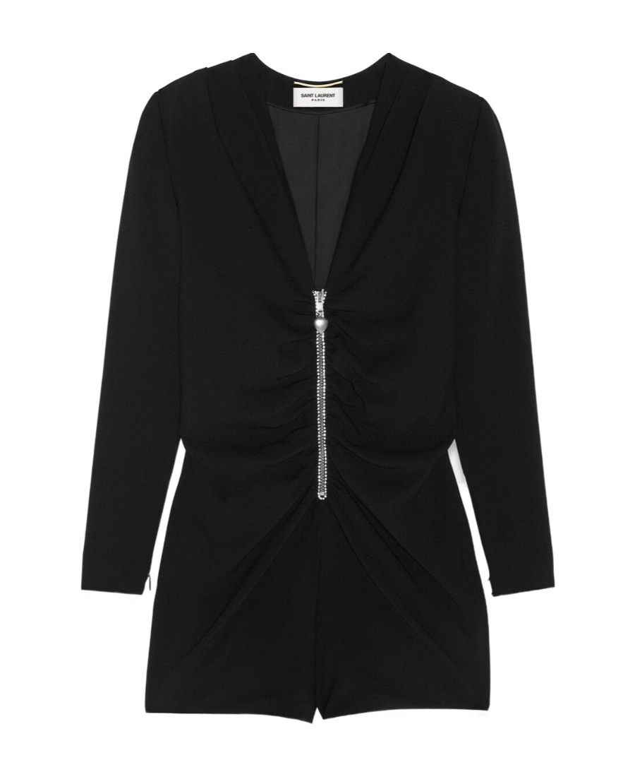 Saint Laurent Plunge Neck Long Sleeve Romper In Black