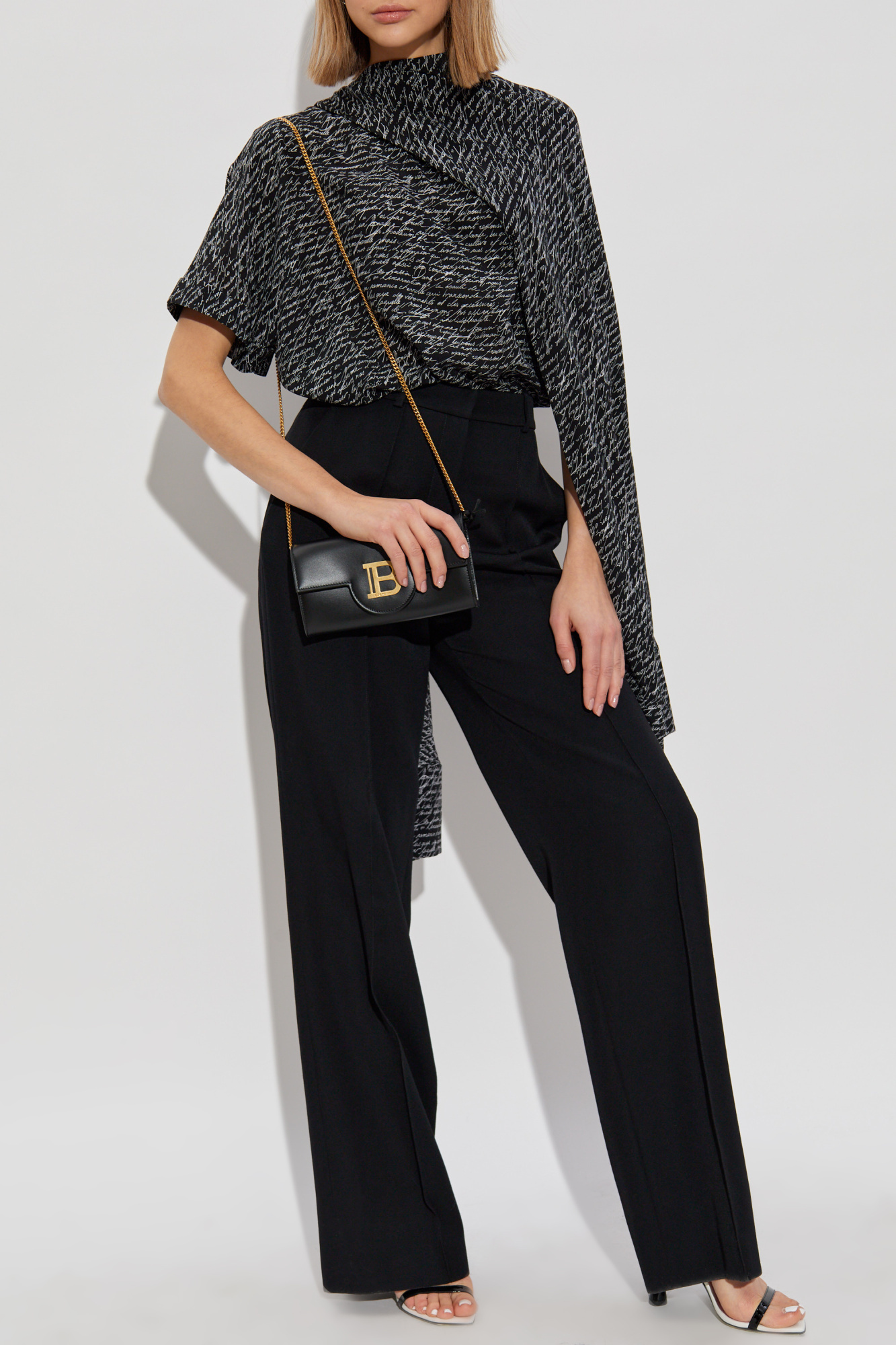 Balmain Script Print Silk Blouse In Black