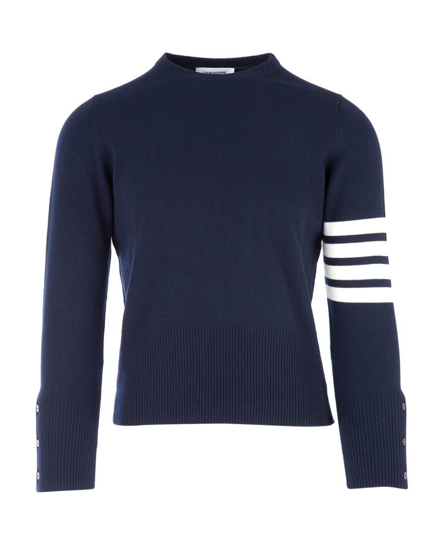 Thom Browne Blue Crewneck Swwater With 4-bar On The Sleeve And Ribbed Trims In Wool Man In Black