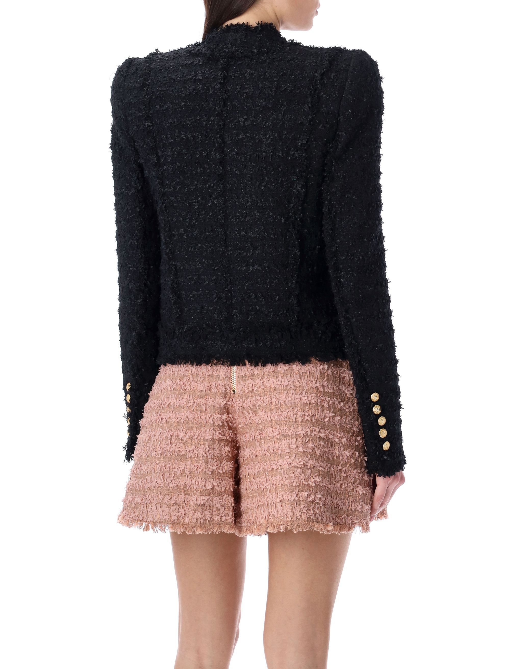Balmain Collarless Four-pocket Tweed Jacket In Black