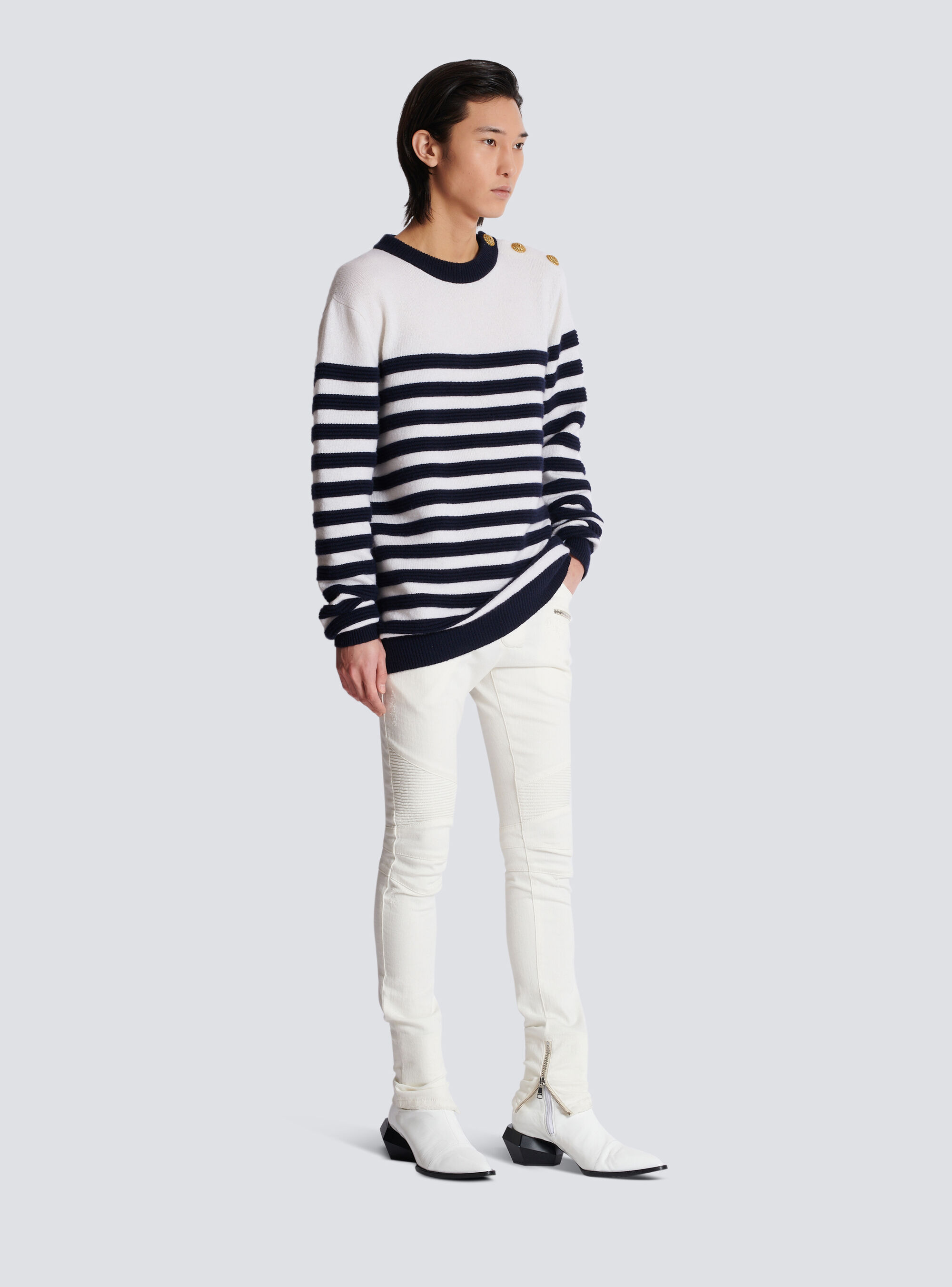 Balmain Button-detail Striped Cashmere Jumper In White