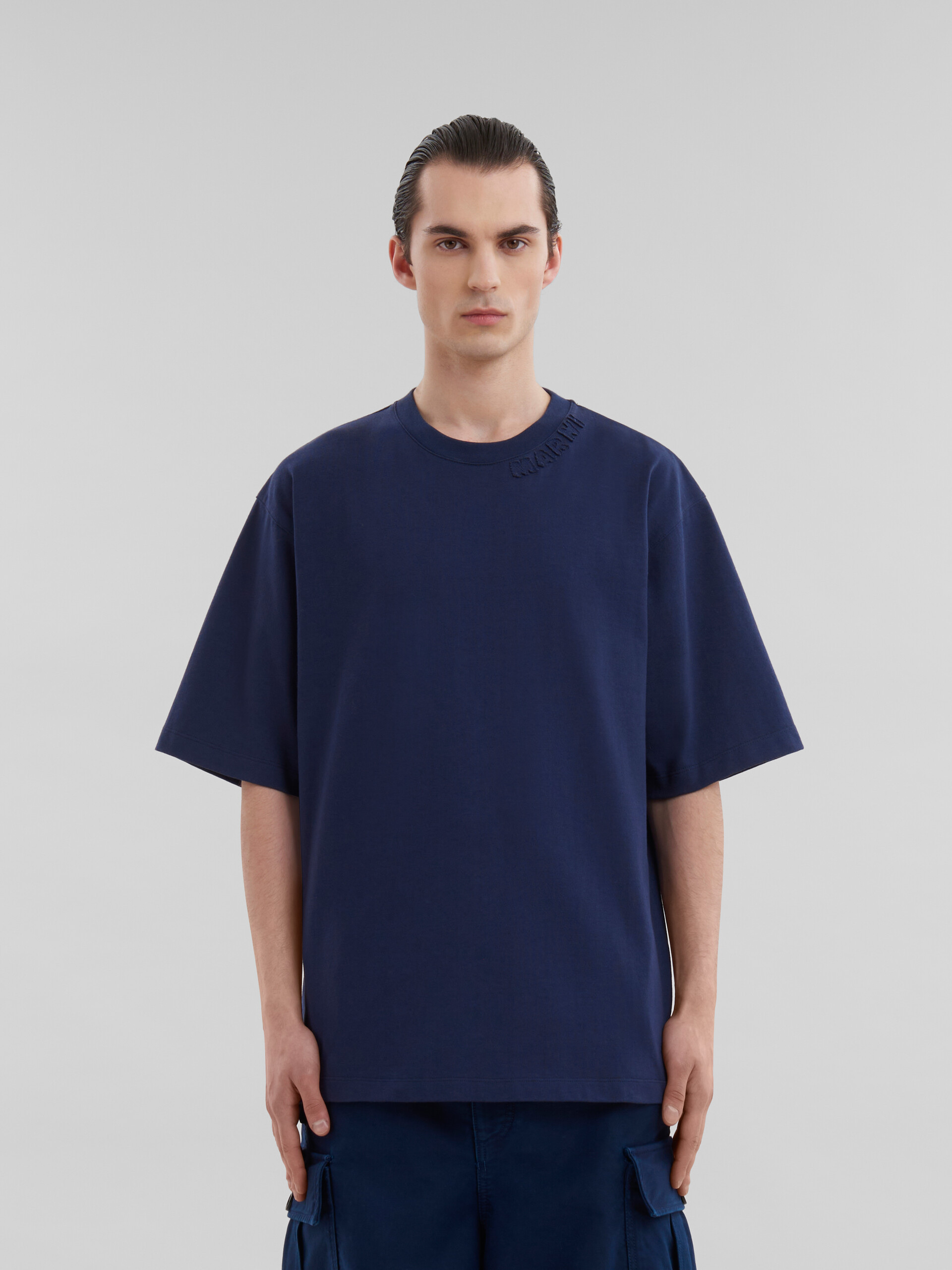 Shop Marni Deep Blue Organic Cotton Oversized T-shirt With Patches In Black