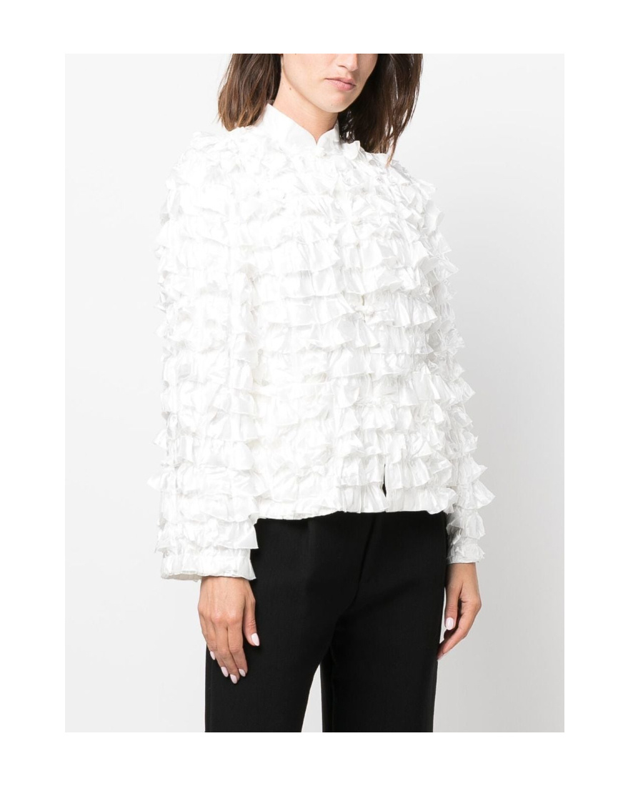 Shop Comme Des Garçons Band-collar Ruffled Fitted Jacket In White