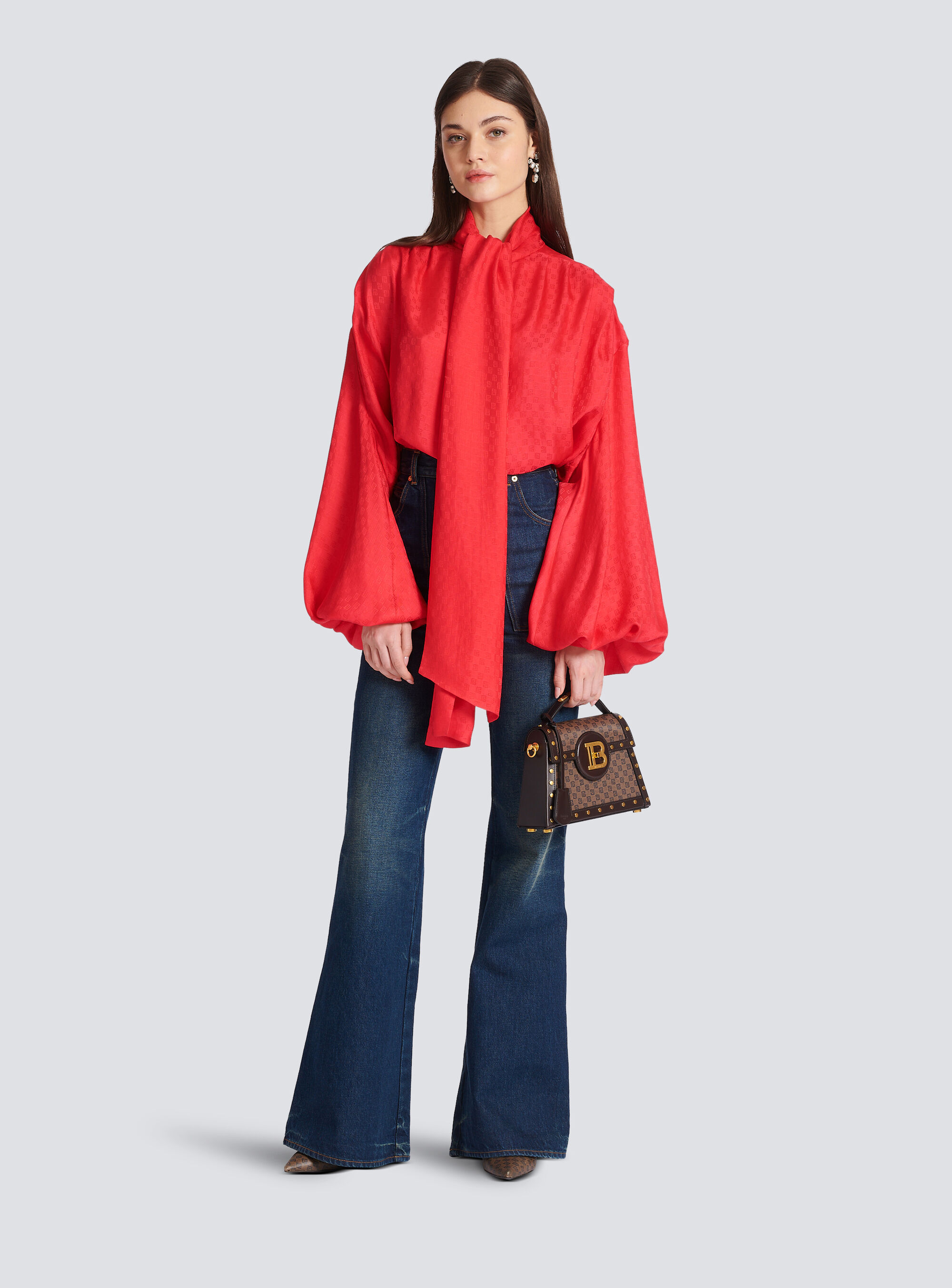 Balmain Monogram-jacquard Silk Shirt In Red