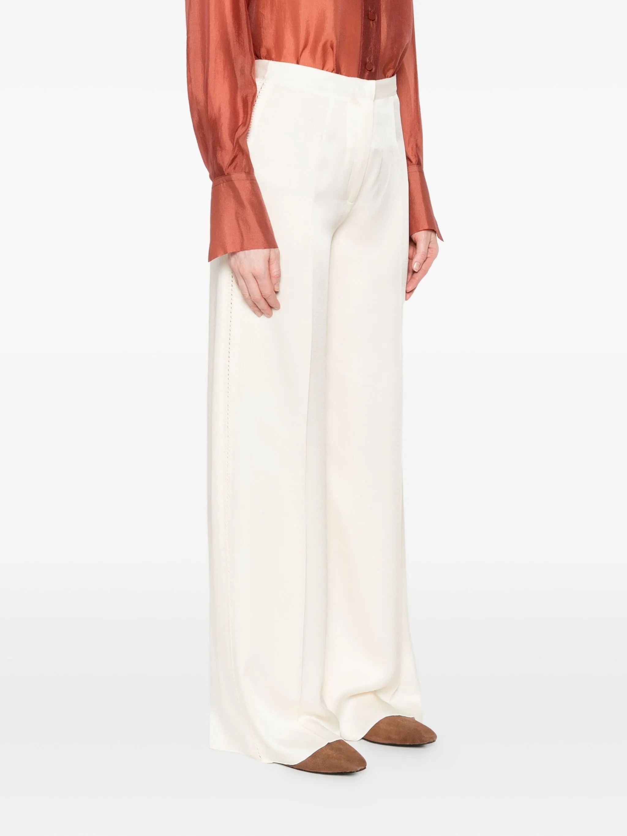 Forte Forte Shiny Anvers Satin High Waist Embroidered Pants In White