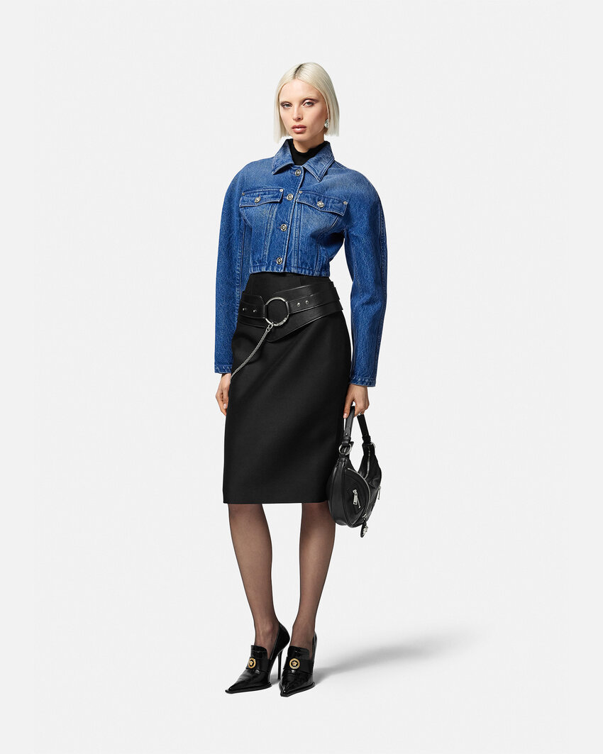 Versace Stone-washed Crop Denim Jacket In Medium Blue