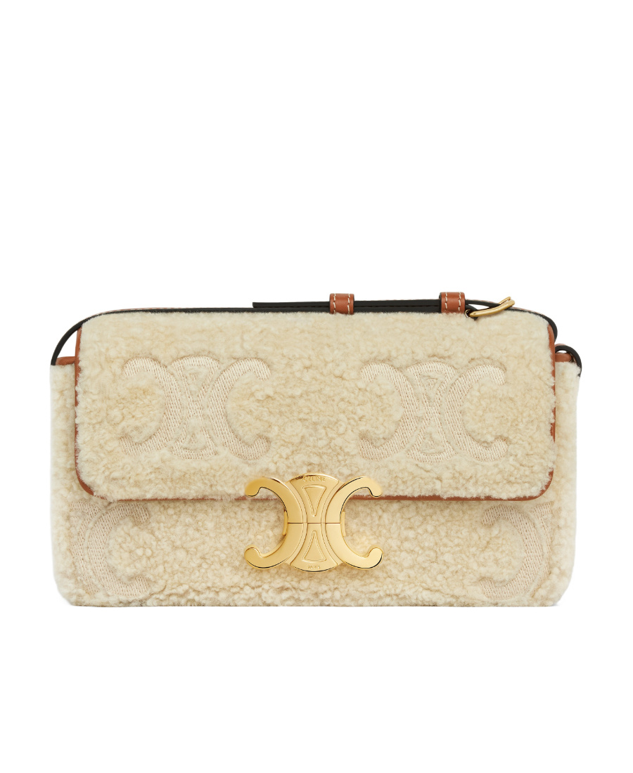 Celine Triomphe Embroidered Shoulder Bag In Natural/tan