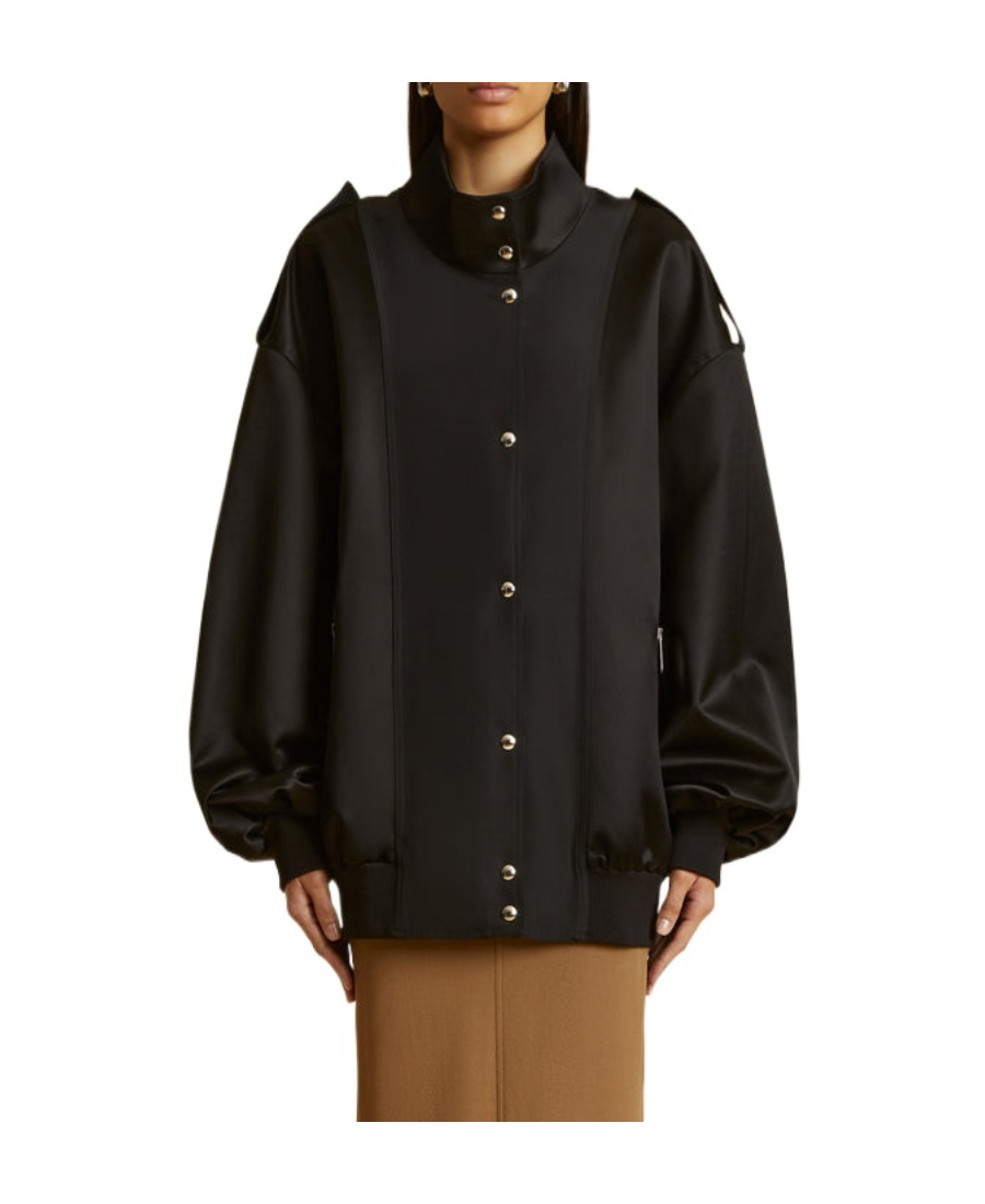 Khaite Farris Oversized Satin-paneled Cotton-blend Mikado Bomber Jacket In Black