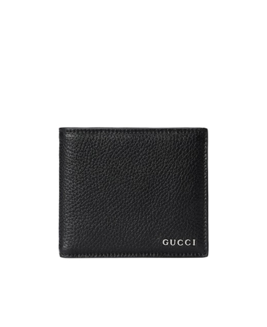 Gucci Black Bi-fold Wallet With Logo Detail In Hammered Leather Man In Black